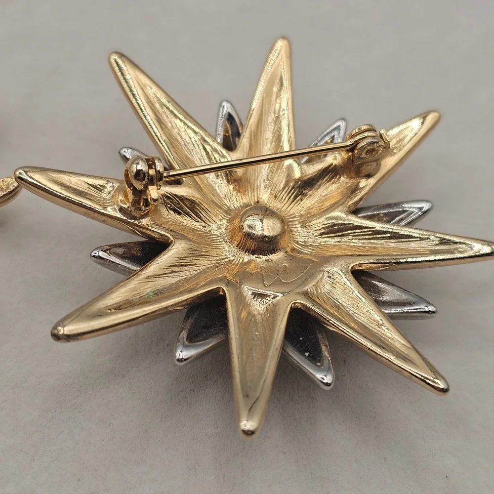 Celestial Sun & Moon Brooch Pin 2pc Gold Silver Tone Blue Enamel Rhinestone